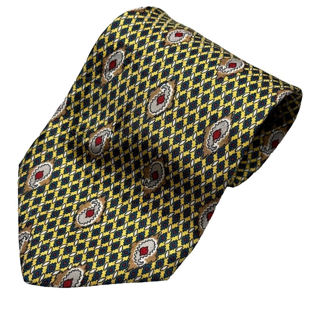 Brioni Tie 100% Silk Satin Made in Italy Geometric Yellow 4"
